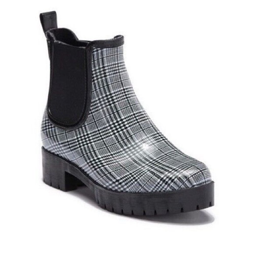 Jeffrey Campbell Size 8 Cloudy Plaid Black White Chelsea‎ Checkered Rain Boot S4